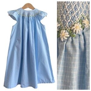 Orient Expressed Blue Windowpane Pain Plaid Floral Smocked Bishop Sleeve Dress 3